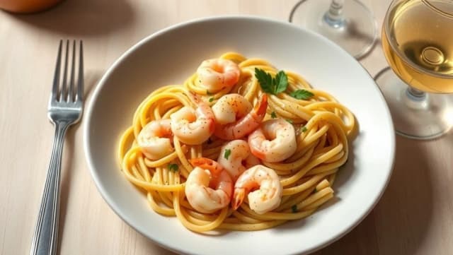 Pasta med räkor och vitlöksgrädde